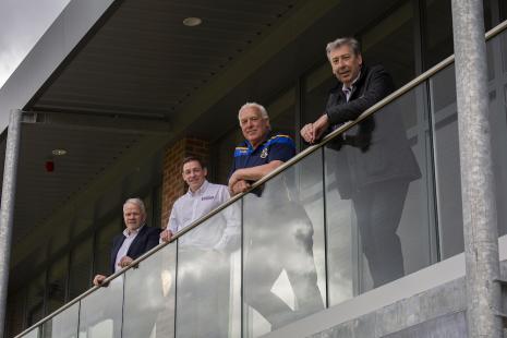 3.	L-R: Richard Burnett (Hillyer McKeown), Ben Humphreys (Bathgate), Jim McKenzie (Anselmians) and Gordon Andrews (Bathgate) at the new clubhouse, Eastham Pavilion.gate